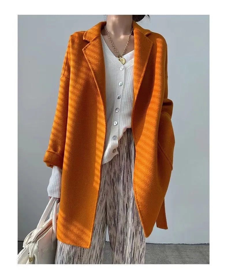 2024 Winter Casual Adjustable Waist Wool Coat Women Water Ripples Woolen Coat Jackets female New Autumn Camel Coat Commuting