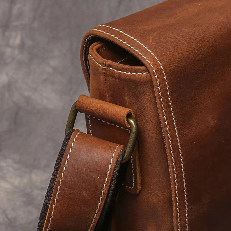 Retro Crazy Horse Leather Men's Shoulder Bag Handmade Men's Messenger Bag Top Layer Cowhide Flap Crossbody Bag