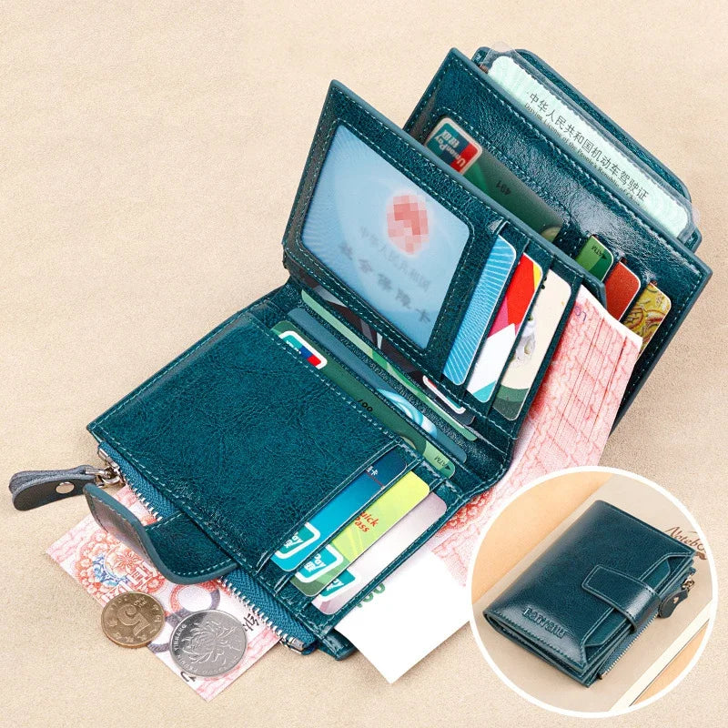 Genuine Leather Wallets for Women Red Money Purses Zipper RFID Short Female Small Card Holder Coin Purse Trifold Bifold Wallet