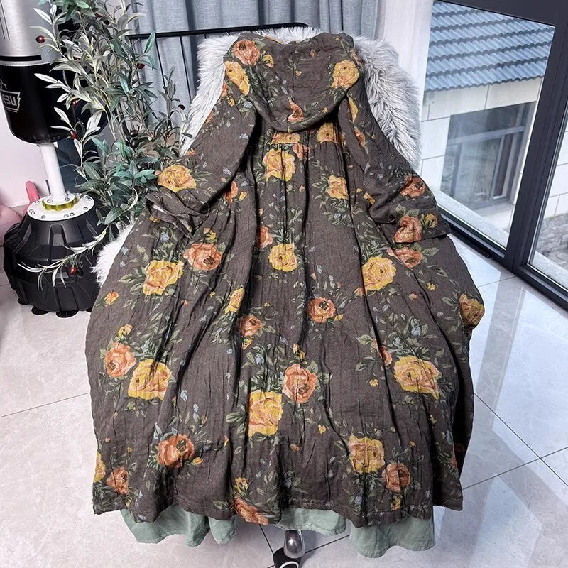 LYUZHE 2025 Spring Autumn New Chinese Style Printed Women Trench Coat Hooded Long Sleeve Retro Mid-length Trench Coat ZXY999B