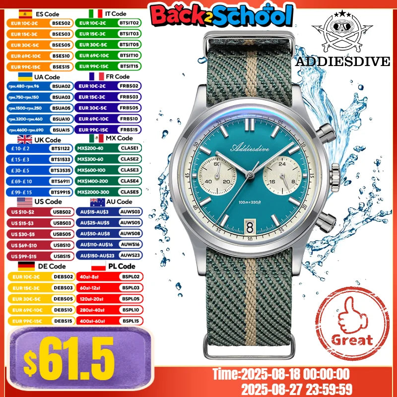 ADDIESDIVE TOP New Men Watch Bubble Mirror Glass 316L Stainless Steel BGW9 Luminous 100m Diving VK64 Quartz Chronograph Watch
