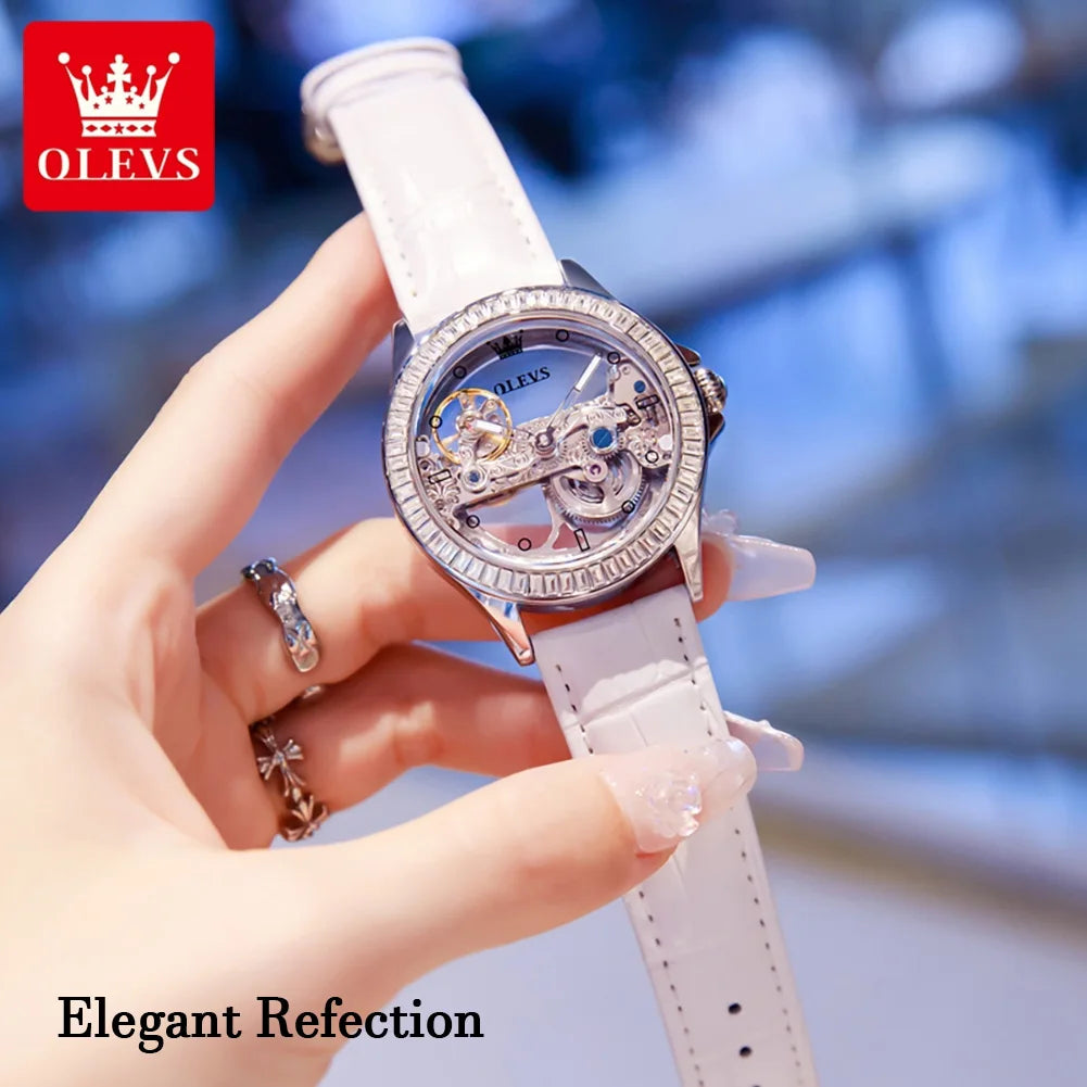OLEVS Luxury Women Automatic Mechanical Watch Stainless Steel Diamond Inlay Fully Hollow Design Luminous Dial Elegant Wristwatch
