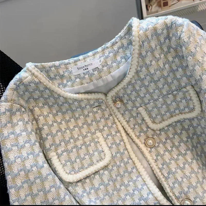 High Quality French Vintage Small Fragrance Tweed Jacket Coat Women's Spring Autumn Casual Fried Street Short Coat Plaid Outwear