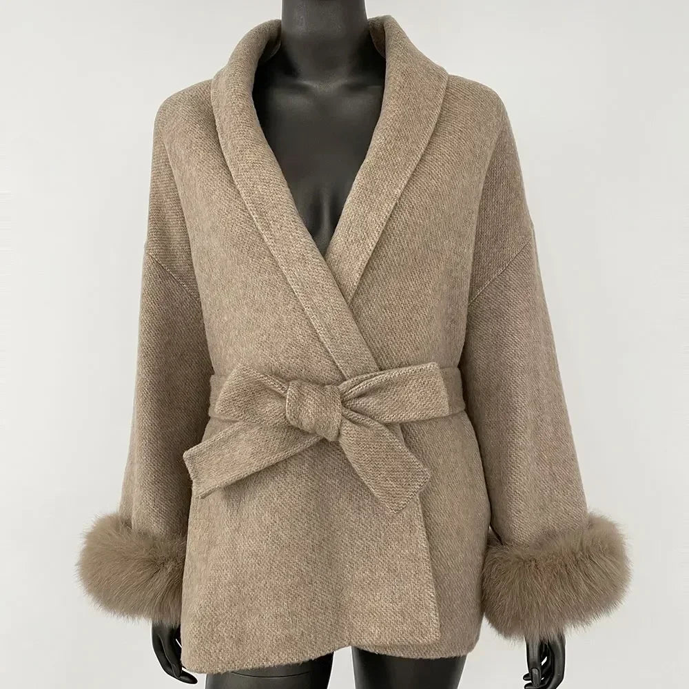 Winter Temperament Short and Long Real Wool Coat Removable Cuffs Fox Fur Jacket Cashmere Coat Double-sided Woolen Jacket Women