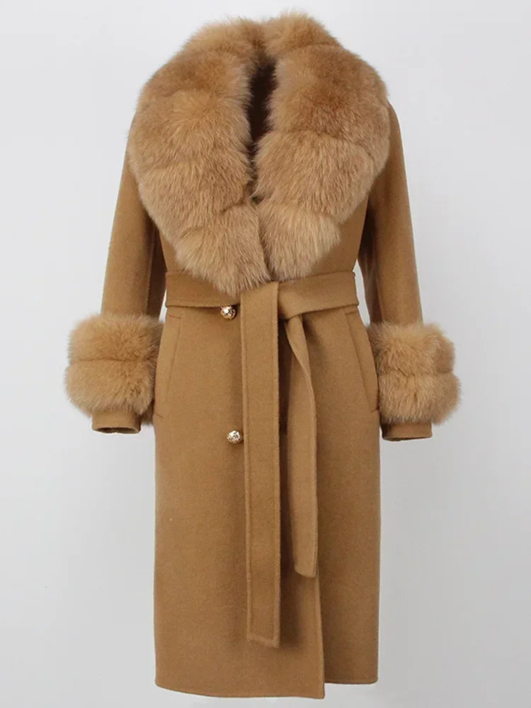 2024 Winter Jacket Women Long Natural Wool Blends Cashmere Real Fur Coat Double Breasted Belt Warm Wool Streetwear New Fashion