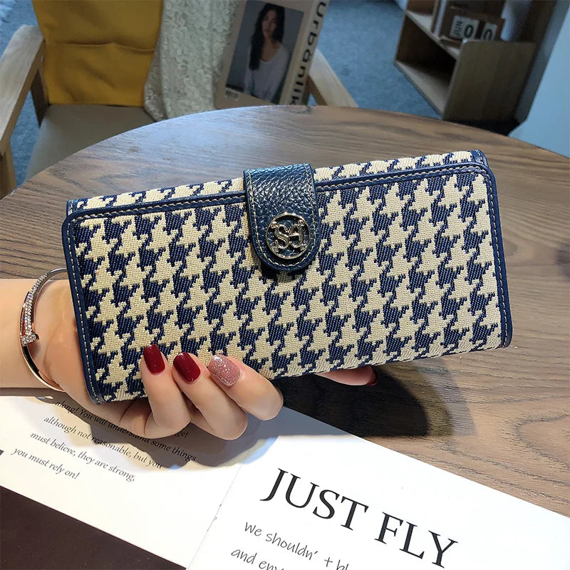2024 New Genuine Leather Women Wallets Houndstooth Embroidery Long Wallet Excellent Cowhide Billfold For Cell Phone Clutch Bags