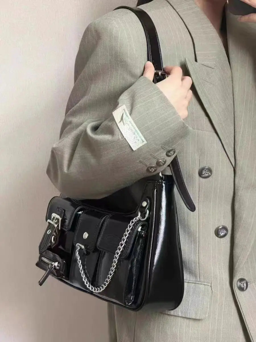 Xiuya Y2k Moto Biker Handbags for Women 2023 Gothic Fashion High Street Shoulder Bag Black Patent Leather Casual Coin Purse