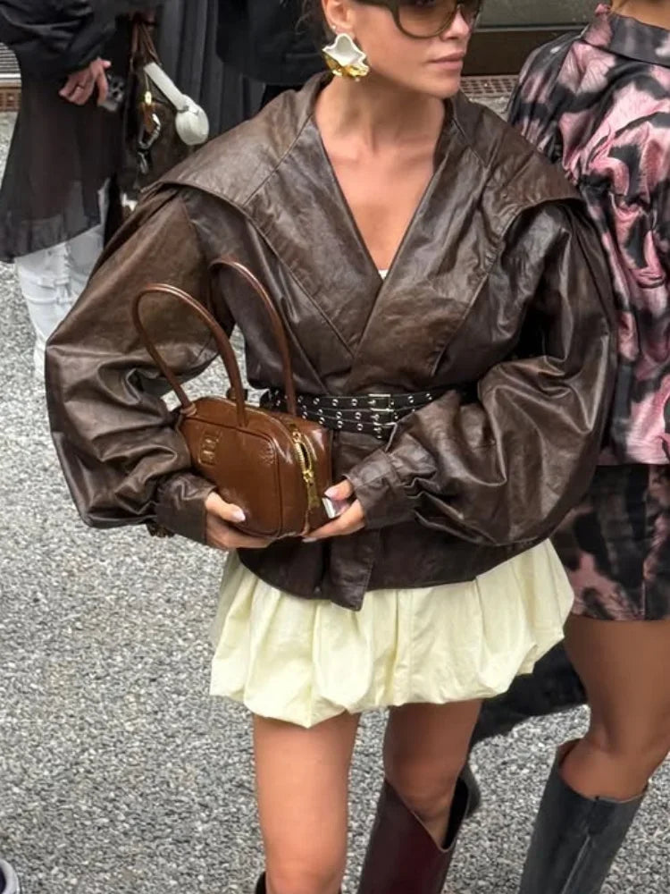 Women Belt Navy Collar Leather Short Jacket Casual Full Sleeve Slim Cropped Brown Pu Coat Lady New Highstreet Party Outwear