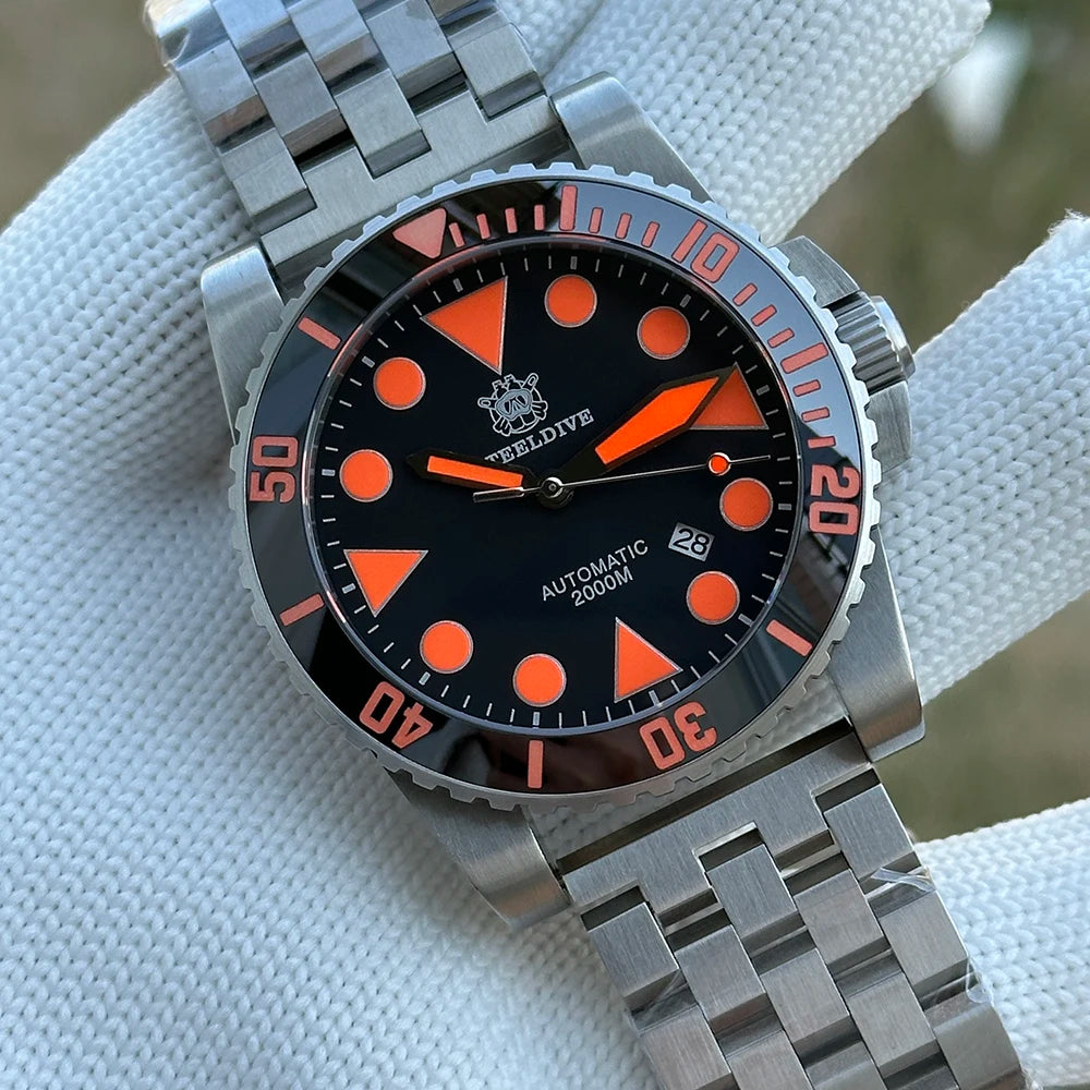 STEELDIVE SD1987 2000m 46.5mm Waterproof Diver's Watch with Sapphire Case Super Orange Glow Mechanical Movement Watches for Men