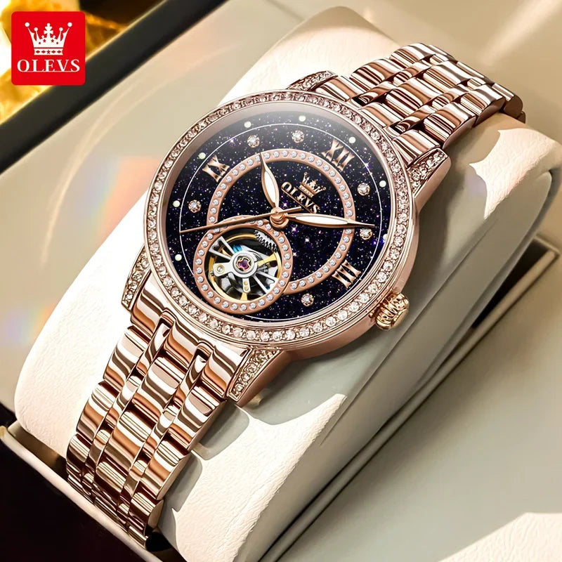 OLEVS Hollow Women's Watch Fully Automatic Mechanical Watch Luxury Diamond Inlaid Starry Sky Elegant Women's Brand Watch 7036