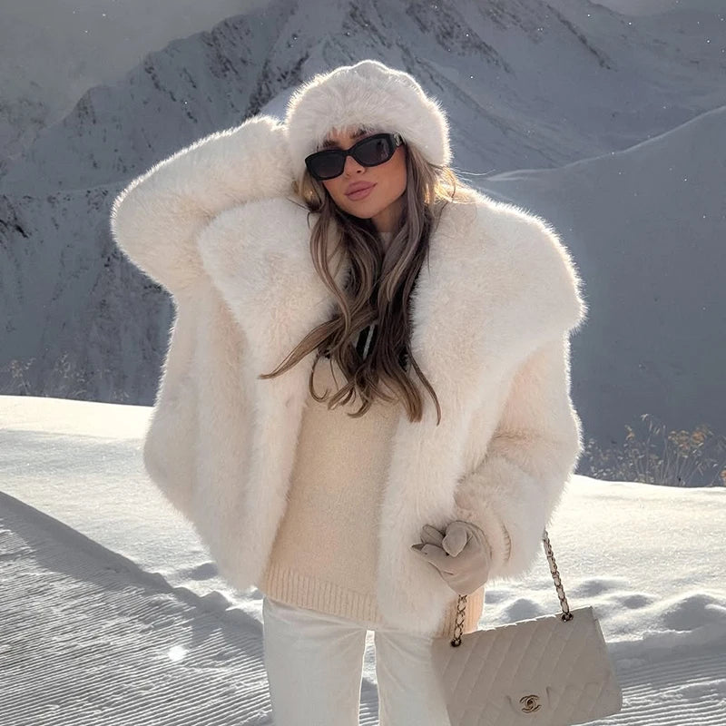 Chic Ins Blogger Brand Fashion Fake Fox Fur Jacket Coat Women 2024 Winter Luxury Design Big Collar Fur Coats Cool Girls Overcoat