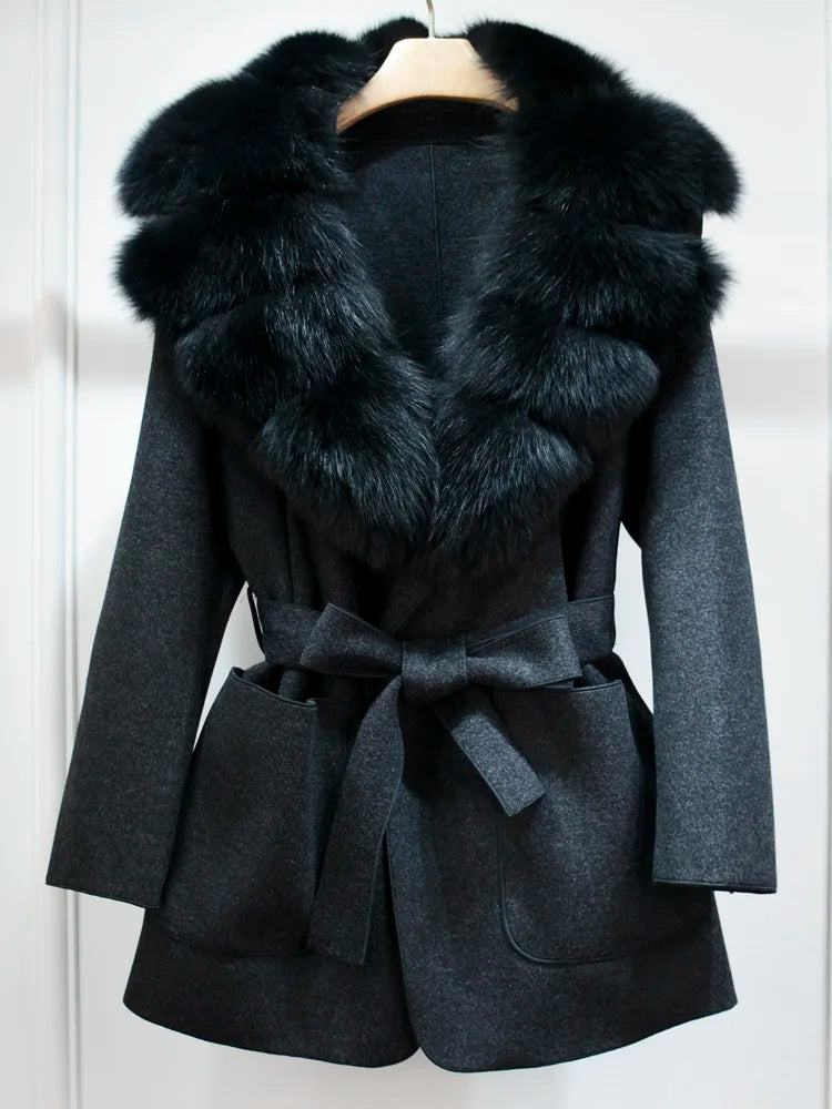 Lagabogy 2025 Large Natural Fox Fur Collar Cuffs Winter Cashmere Wool Blends Women Slim Fit Suit Double Sided Woolen Trench Coat
