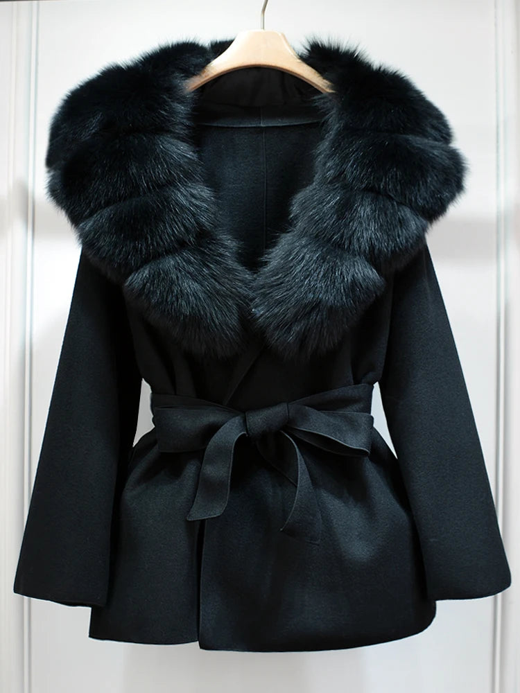Janveny Wool Coat Women 2025 New Winter Autumn Cashmere Coats Luxury Real Fox Fur Collar Ladies Elegant Belt Design Outwear