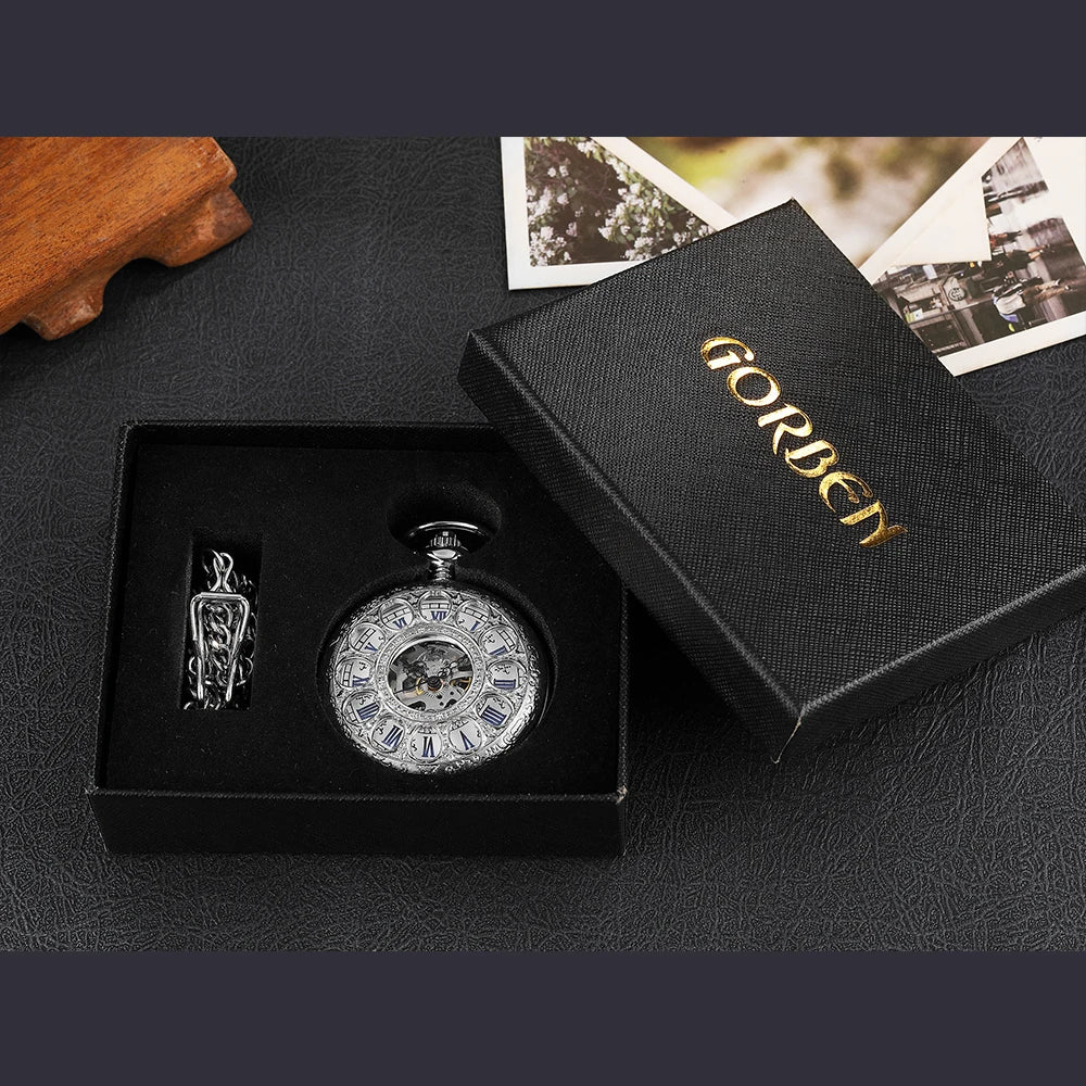 Retro Mechanical Pocket Watch Red Cross Hand-winding Silver Edelweiss Sculpture Hollow Vintage Skeleton Watches Men FOB Chain