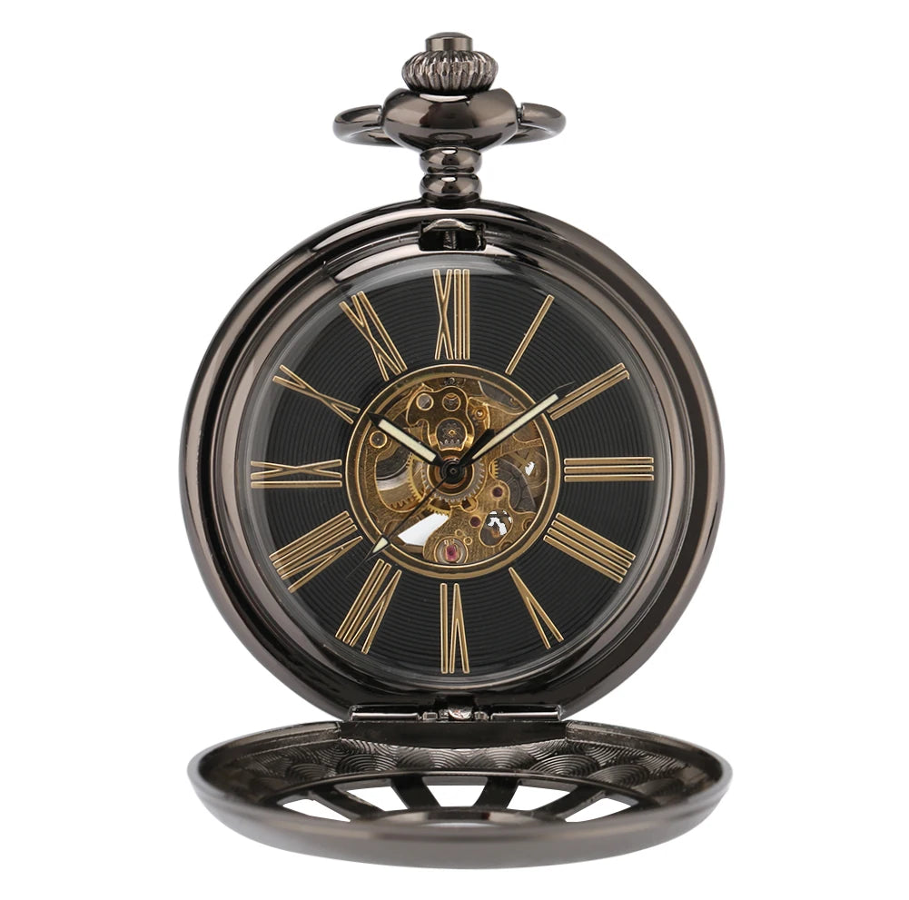 Mechanical Automatic Pocket Watch Men Roman Numerals Display Pocket Pendant Watch Black Hollow Half Hunter Retro Clock P890C