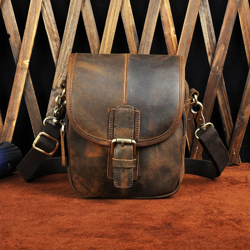 Men Genuine Crazy Horse Leather Waist Pack 7-Inch Vintage Outdoor Hip Bag with Hook Phone Camera Pouch Male Crossbody Bags