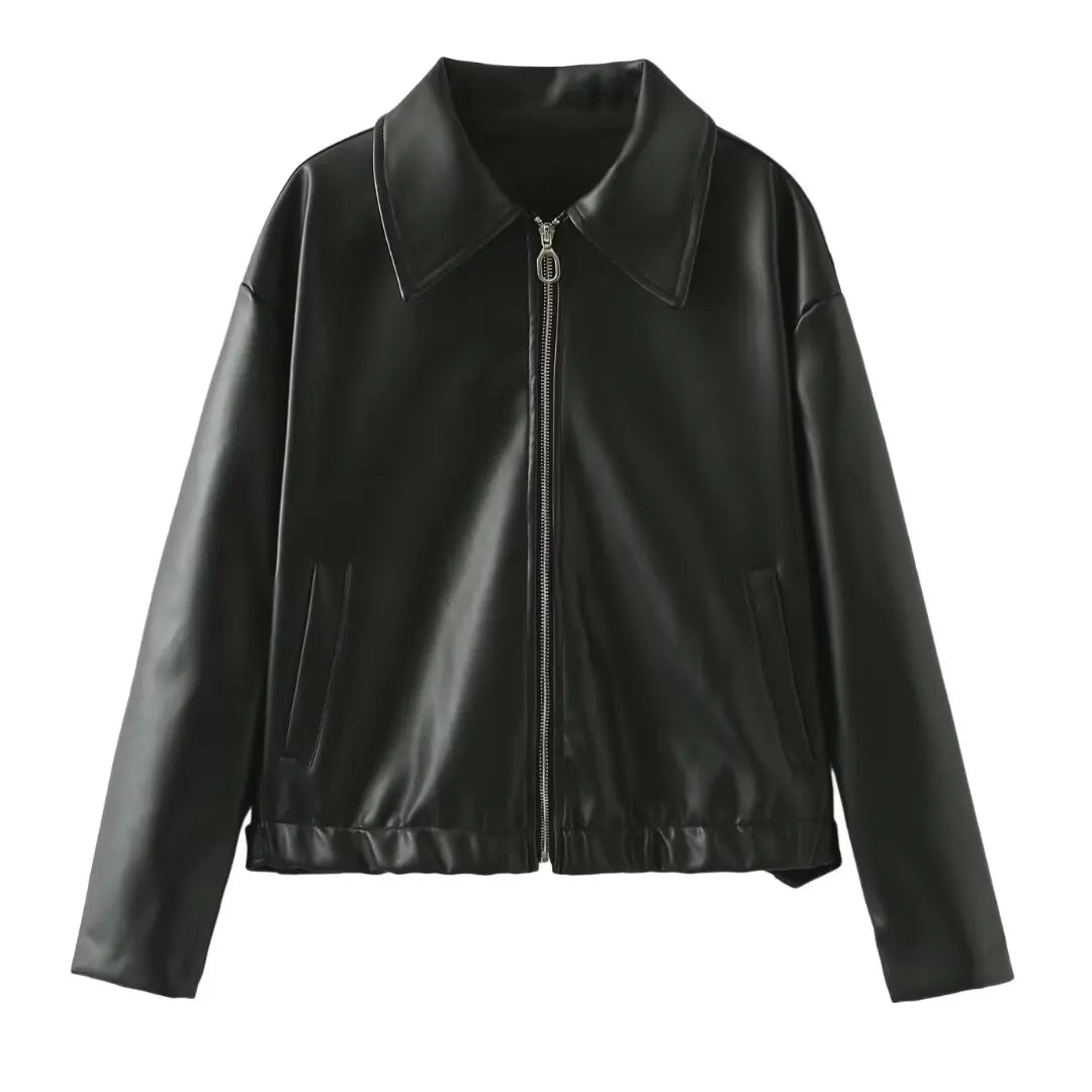 TRAFZA Female Streetwear Style Short Coats Solid Turn-Down Collar Long Sleeves Pockets Zipper Women's Spring Fashion Chic Jacket