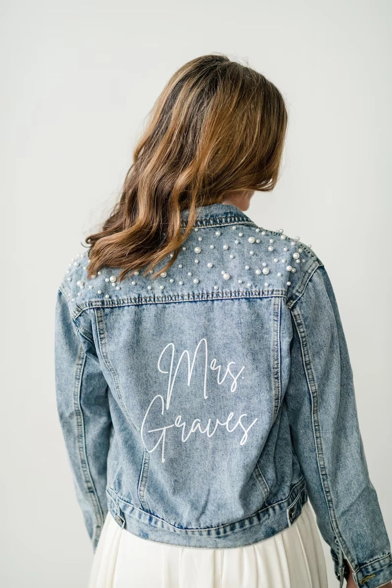 Personalized Mrs. Jacket Pearl Personalized Bride White Denim Jacket Mrs. Jackets Bachelorette Party Wedding Shower Custom Coats