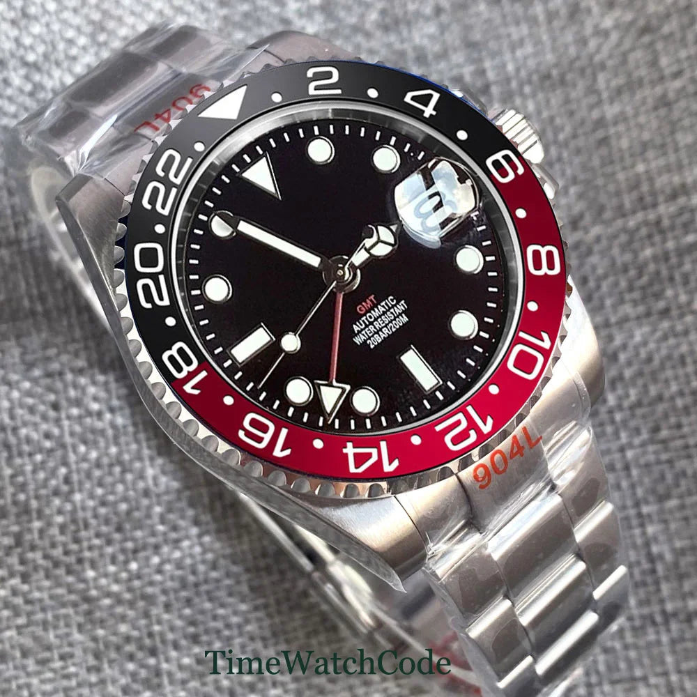Tandorio 40mm NH34A Men's Automatic Watch GMT Function Luminous Black Dial Sapphire Crystal Auto Date Bracelet Rotating Bezel