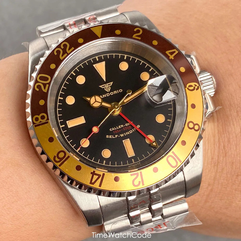 Tandorio Retro NH34A Automatic Watch for Men Diving GMT Movement Vintage Luminous Sapphire 20BAR Waterproof 316L Bracelet 40mm