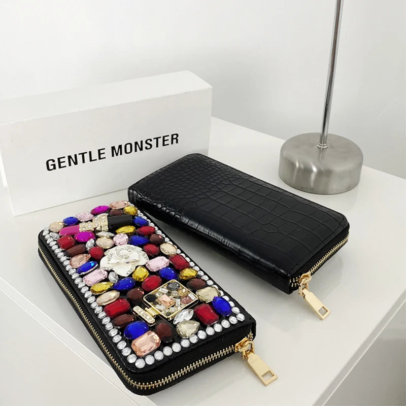 Luxury Diamond Women Long Purse Card Holder Coinetter Color Crystal Red Lip Pearl Wallet Pu Leather Zipper Around Wallet Female