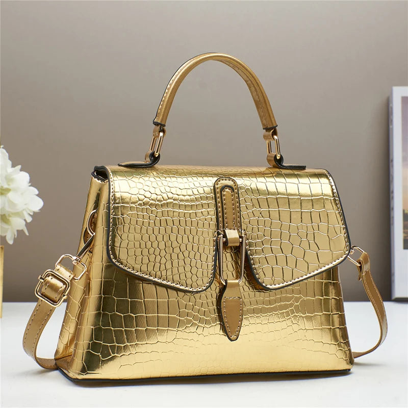 TRAVEASY Brand 2025 New Women's Tote Crossbody Shoulder Bag Crocodile-Embossed Glossy Flap Spacious Capacity Fashionable Handbag