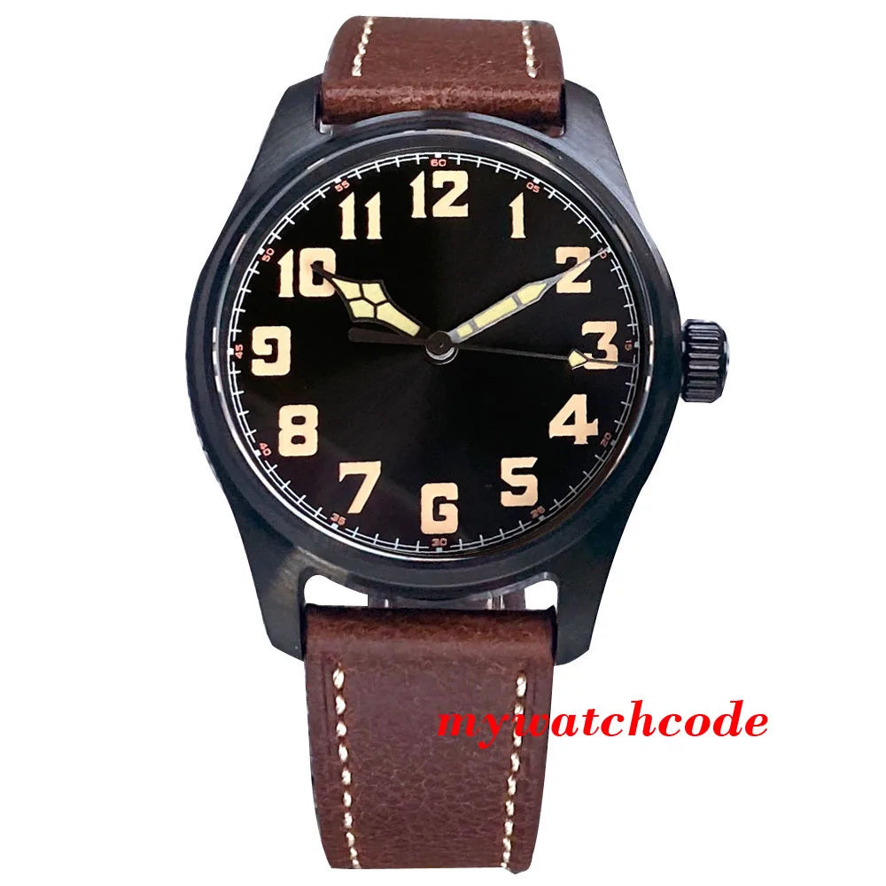 Waterproof Vintage Pilot Watch Tandorio Black NH35 Mechanical Clock Men Arabic Numerals 39mm Sport Clock Reloj Hombre Big Crown