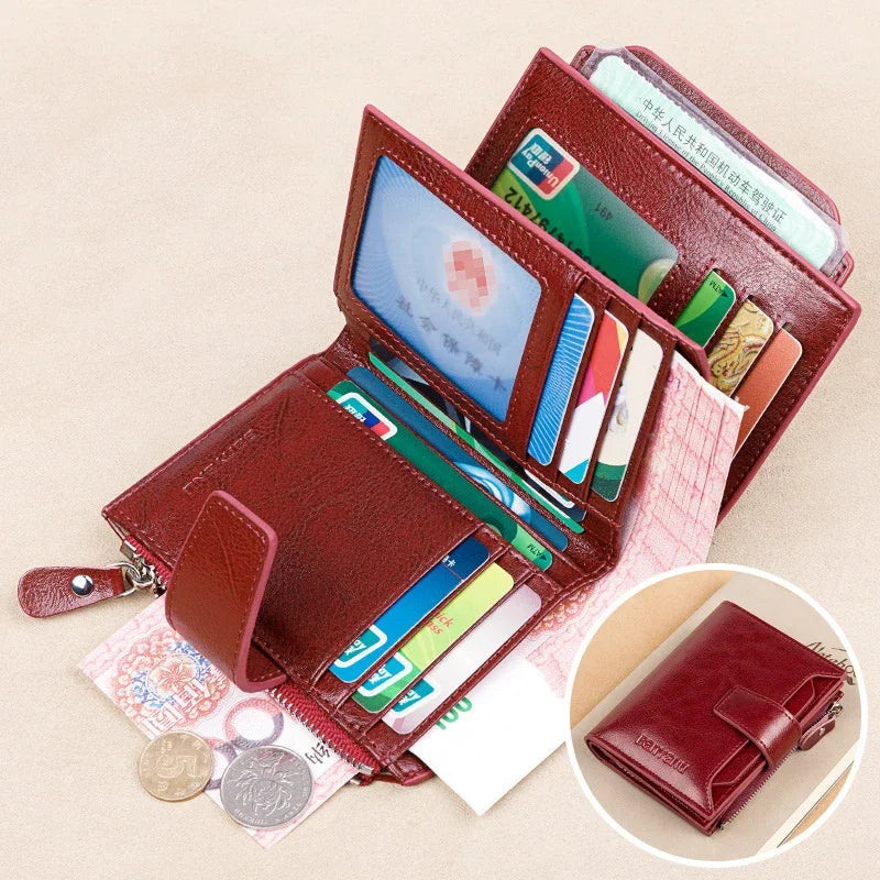 Genuine Leather Wallets for Women Red Money Purses Zipper RFID Short Female Small Card Holder Coin Purse Trifold Bifold Wallet