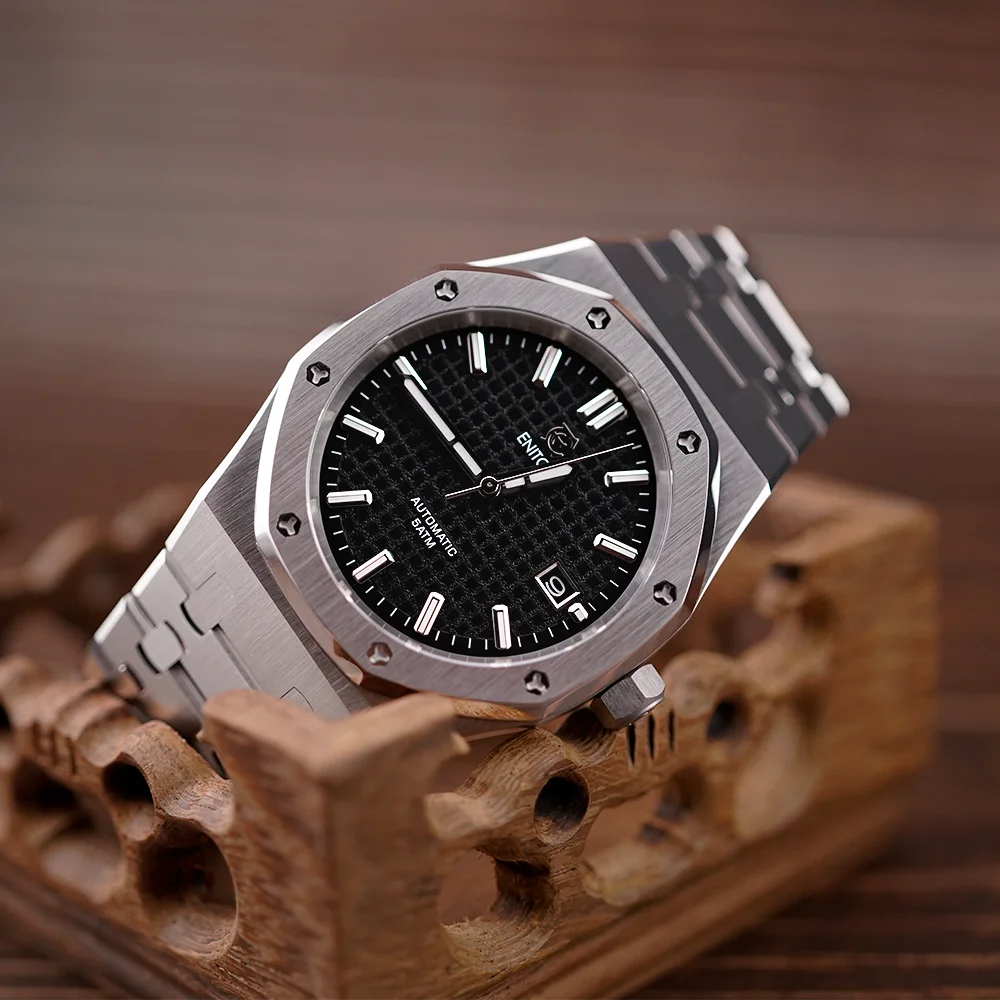 ENITON 41mm Business Luxury 316L Stainless Steel Transparent Case Back Automatic Mechanical Casual Watches for men