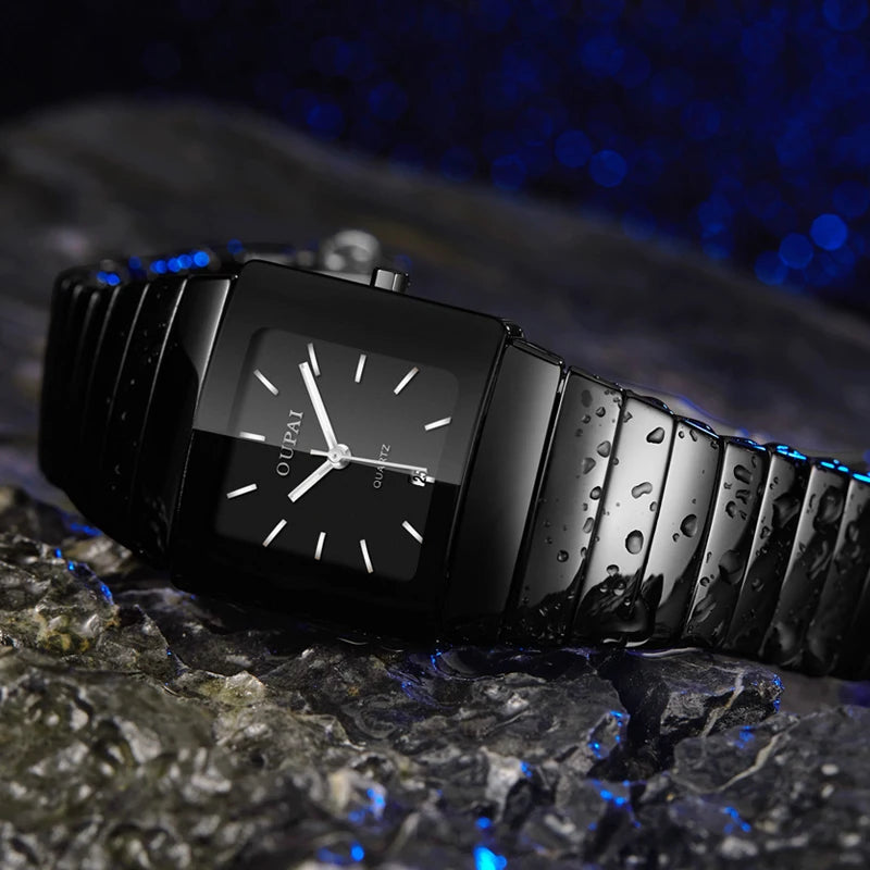 Oupai rectangular black ceramic quartz watch tonneau type watch luminous business simple luxury watch men