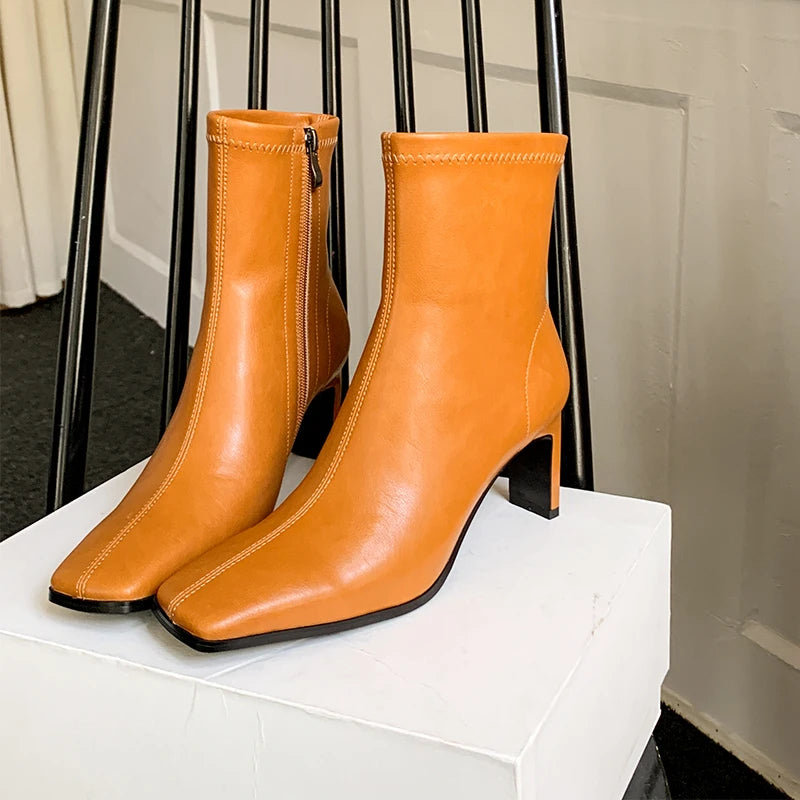 JOZHAMTA Size 34-40 Real Leather Ankle Boots For Women Stone Block High Heels Shoes Winter 2025 Fashion Office Lady Dress