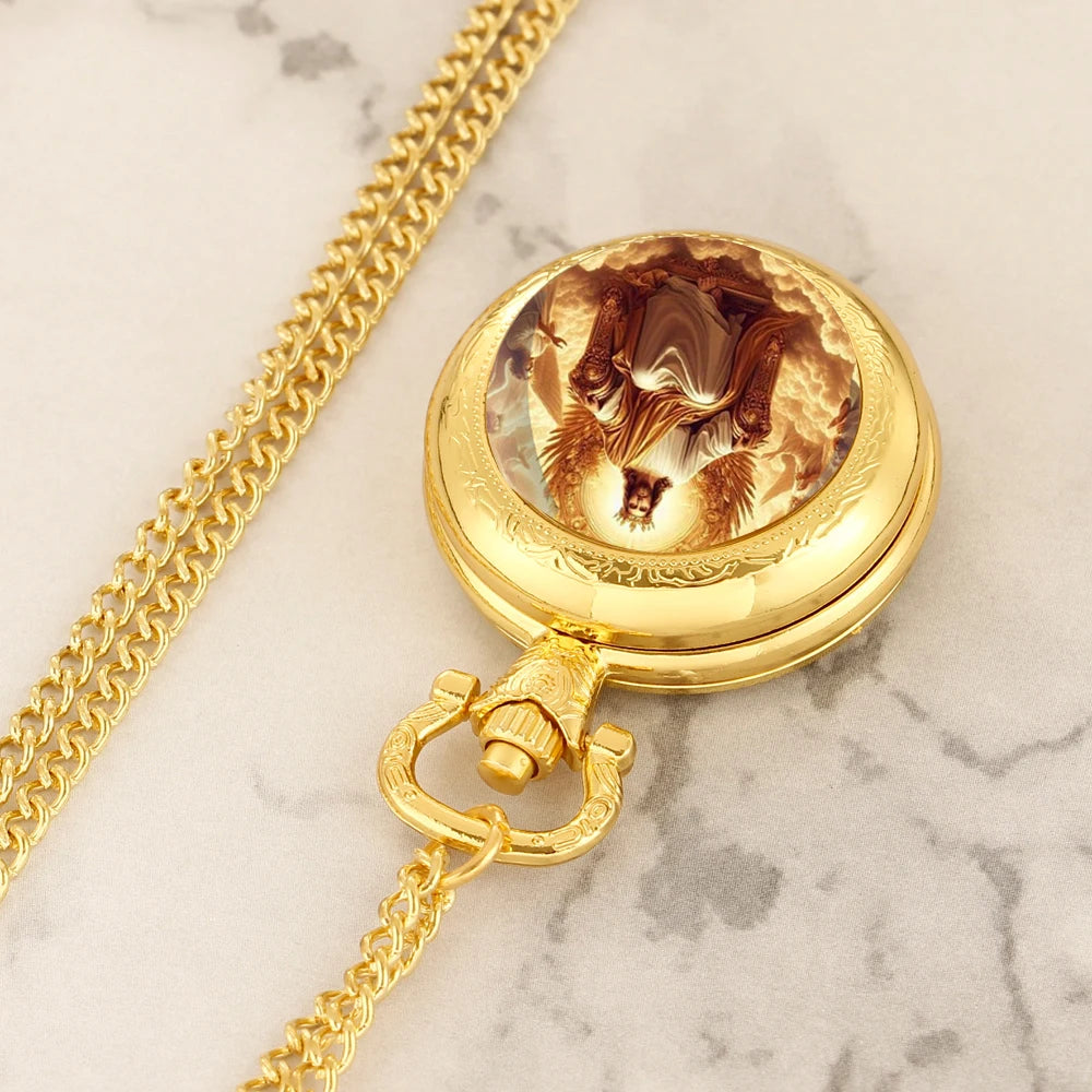Personalised Fashion Golden Stainless Steel Mysterious Jesus Design Quartz Pocket Watch Necklace Women Men Jewelry Pendant Chain