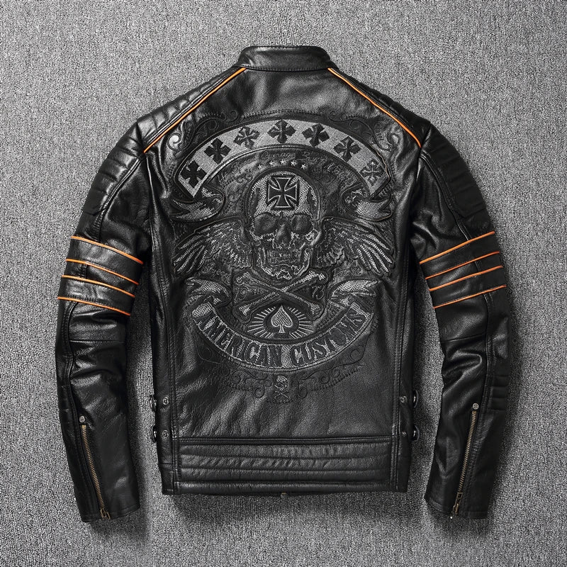 YR!Free shipping,sales.Black Mens genuine leather jacket.cowhide coat.short slim skull motor biker jackets,plus size.quality