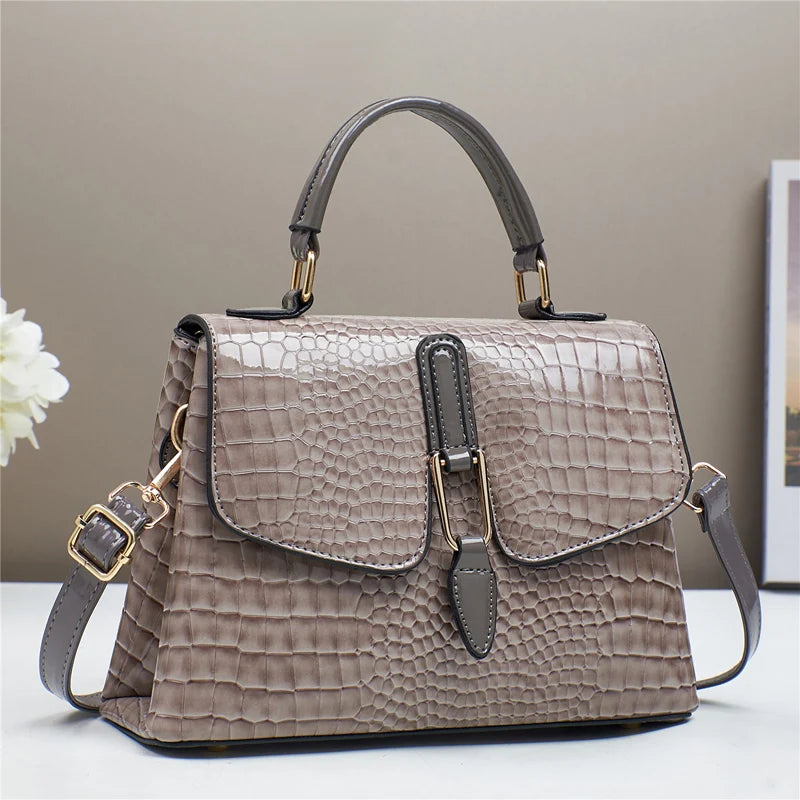 TRAVEASY Brand 2025 New Women's Tote Crossbody Shoulder Bag Crocodile-Embossed Glossy Flap Spacious Capacity Fashionable Handbag