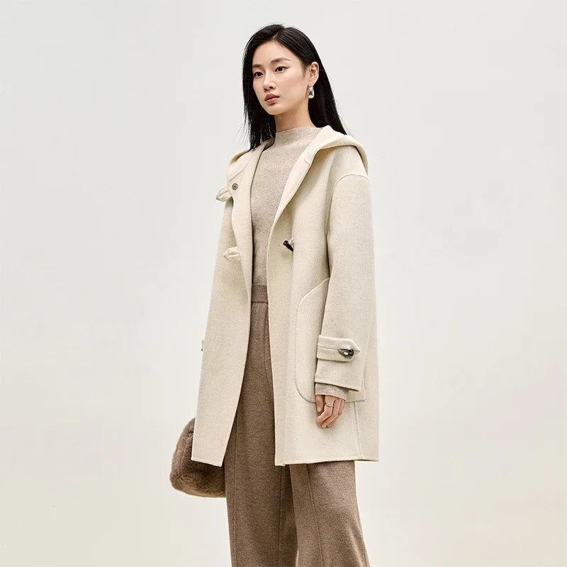 SENTUBILA Double Sided 100% Woolen Coat 2025 Winter Mid-length Straight Bull Horn Buckle Female Hooded Outwear W44O55979