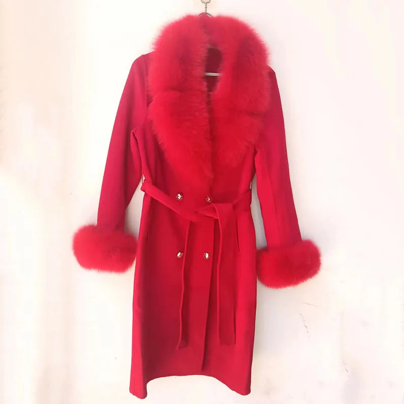 Long Women Wool Blended Coat With Big Real Fox Fur Collar Fashion Slim Winter Wool Jacket With Belt Outwear With Fox Fur Cuff