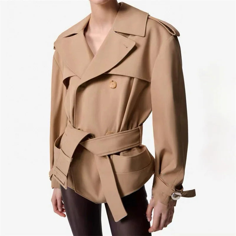 Women's jackets 2025 summer new belt slim fit lapel long sleeved top High quality pure cotton Women's coat jumpsuit windbreaker