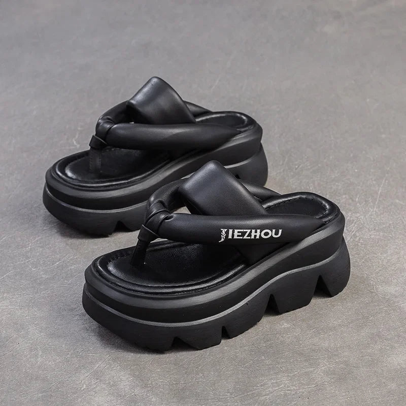 Koznoy 7.5cm Peep Toe Sheepskin Flip Leather Hollow Fashion Sandals Slippers Mary Jane Designer Women Summer Flats Loafer Shoes
