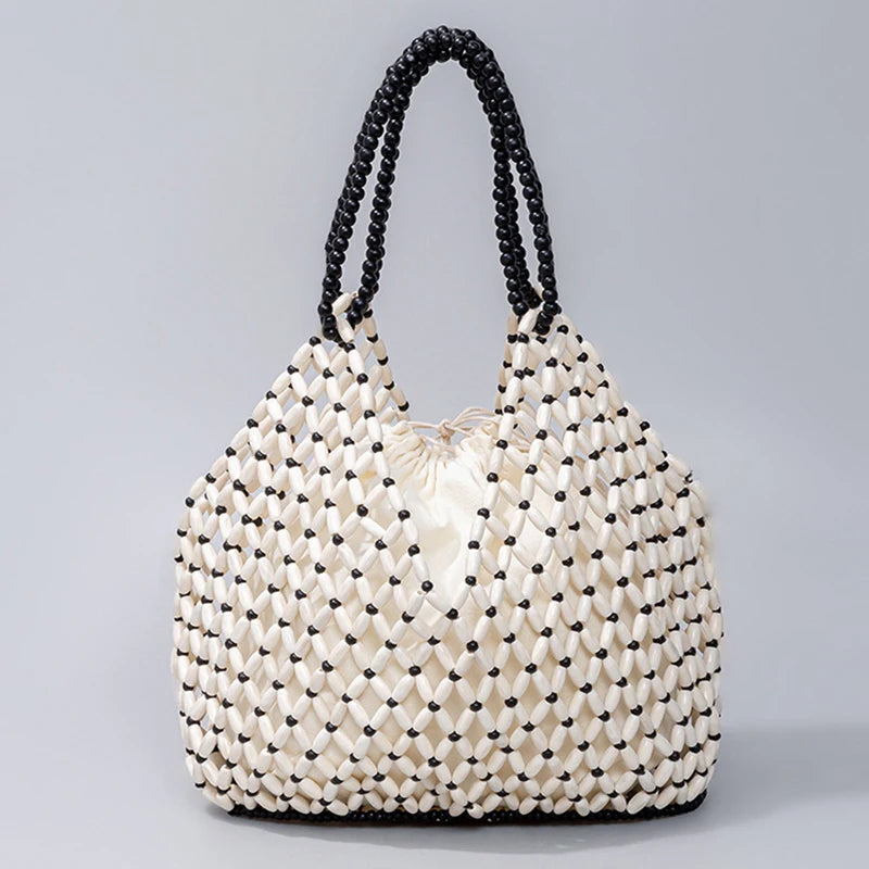 Simple Casual Handwoven Wooden Bead Handbag New Retro Versatile Summer Vacation Handheld Women's Shoulder Bags Water Bucket Bag