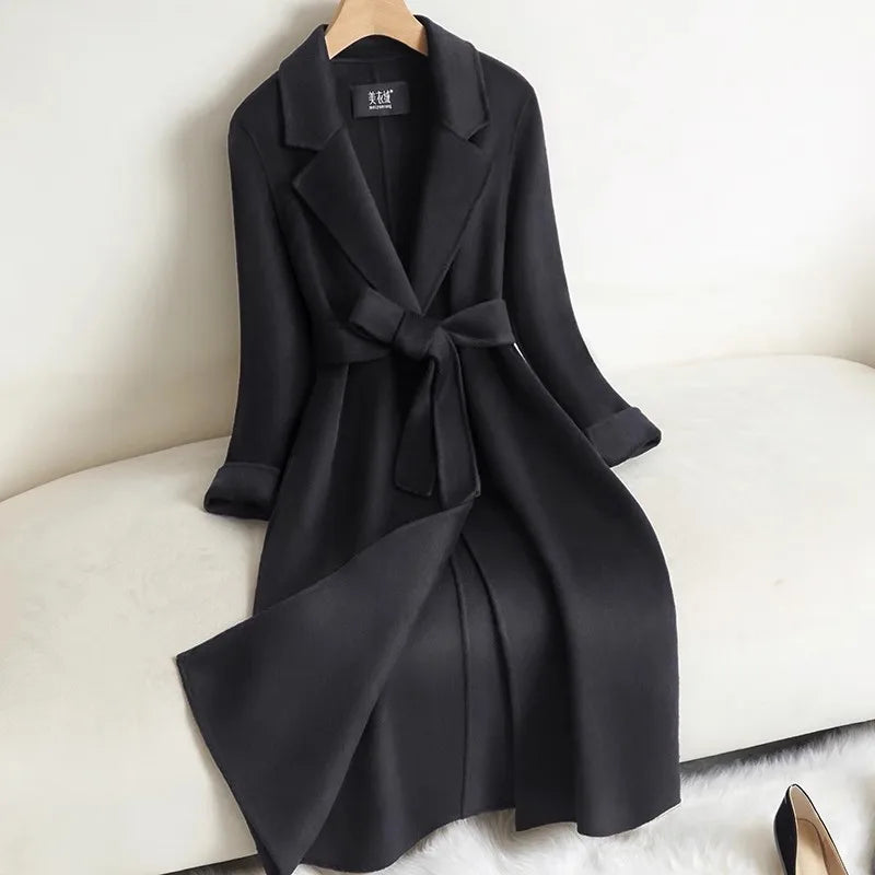 Black Double-sided Cashmere Jacket Women's Long Coat 2025 Autumn Winter New Temperament Wool Coats Female Belt Long Overcoat