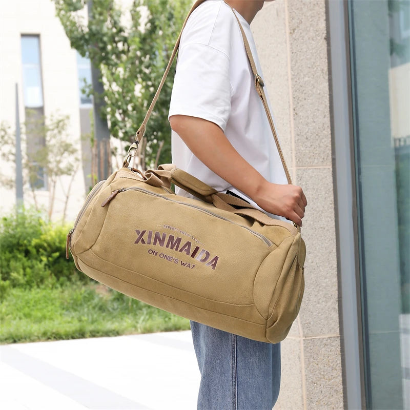 Male Travel Bags Large Capacity Canvas Bag Men Fitness Sports Training Handbag with Shoes Pocket Khaki Shoulder Bags XM332
