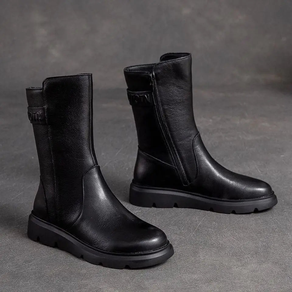 Footwear Mid Calf Women's Boots Wedge Heel Biker Shoes For Woman Half High Leather Brown Fashion 2024 On Offer Korean Style Y2k