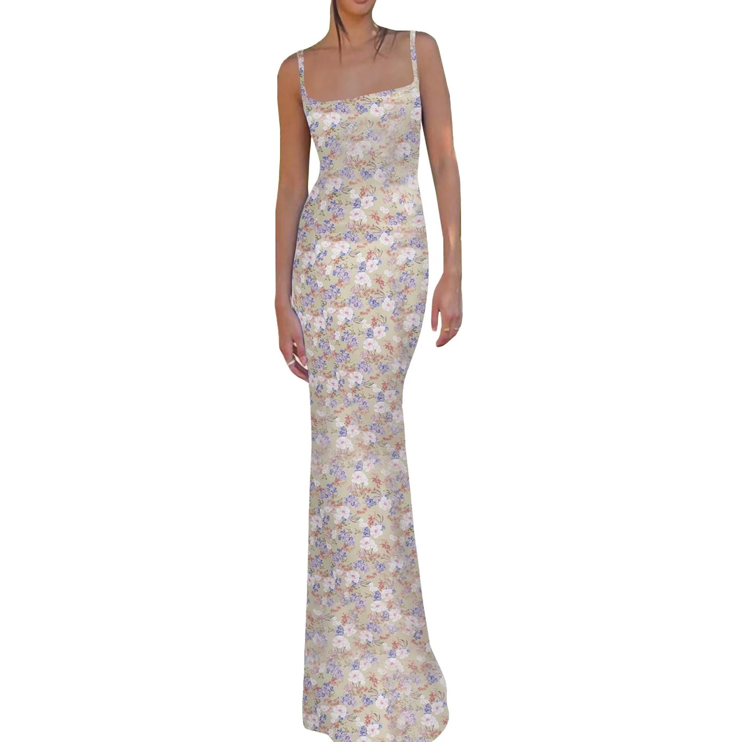 Women Chic Tube Backless Dress Spaghetti Strap Satin Elegant Maxi Bodycon Long Dress Y2K Floral Printed Sundress Streetwear