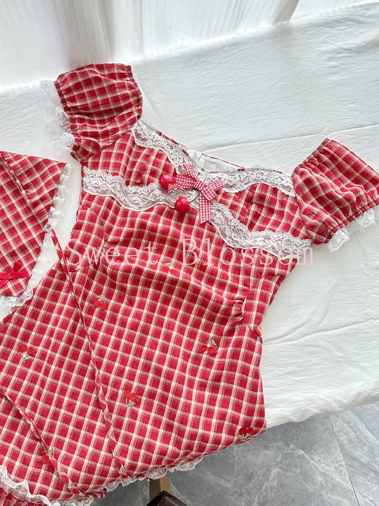French Elegant Sweet Red Plaid Dress Women New Design Lace Patchwork Kawaii Dresses Harajuku Fashion Y2k Slim Summer Clothing