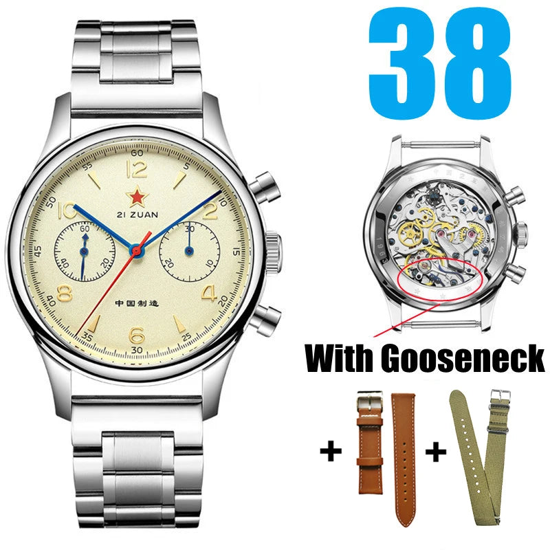 Red Star 1963 Chronograph 38mm Men's Mechanical Pilot with Seagull ST1901 Movement Watch Air Force Aviation 40mm Stop WristWatch