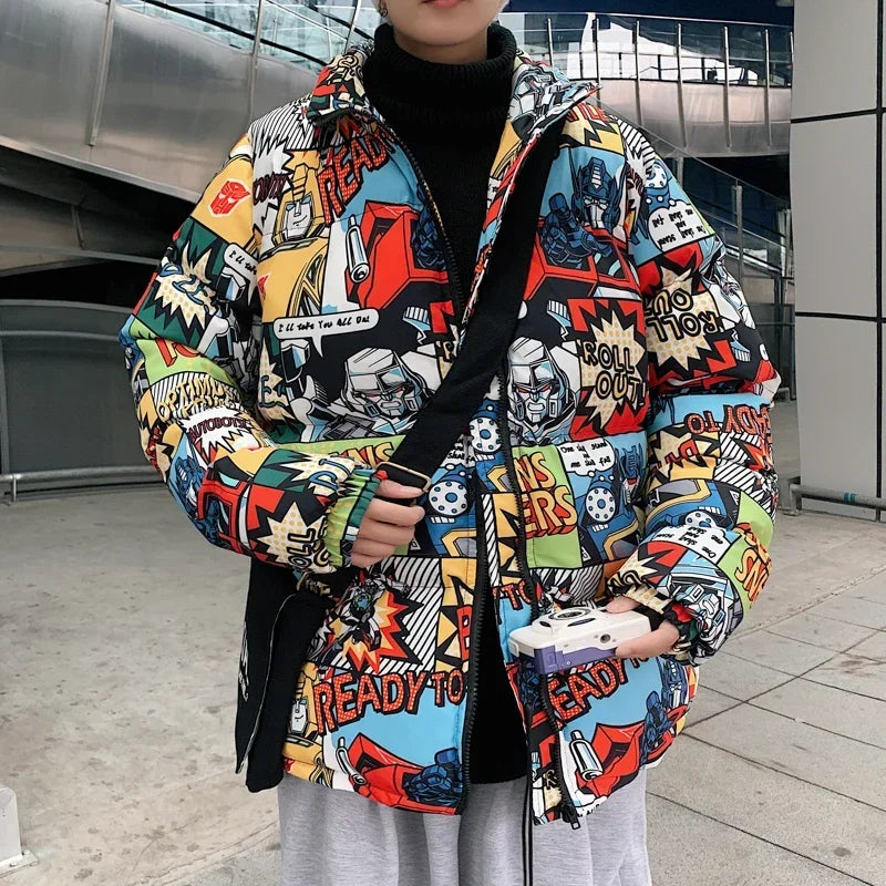 Hip Hop Graffiti Cartoon Print Parkas Coats Men Streetwear Harajuku Mens Winter Thickend Warm Zipper Cotton Padded Jacket Women