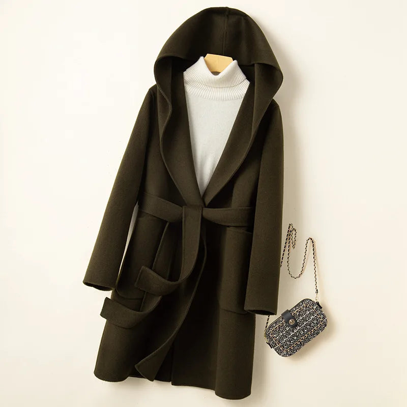 Women Double-sided Middle Long Length Woolen Hoodie Coat With Belt Lace Up Hooded Slimming Wool Jacket Autumn Winter Outerwear