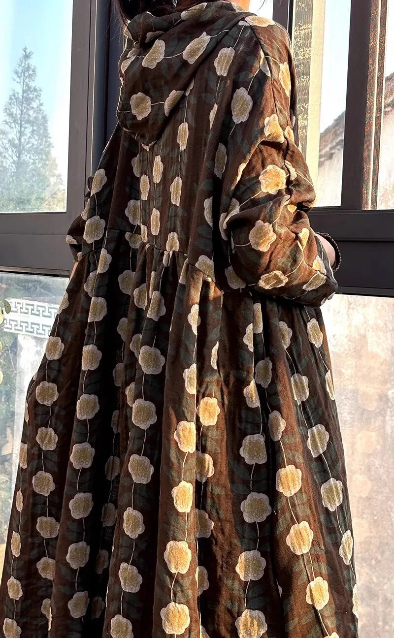 LYUZHE 2025 Spring Autumn New Chinese Style Printed Women Trench Coat Hooded Long Sleeve Retro Mid-length Trench Coat ZXY999B
