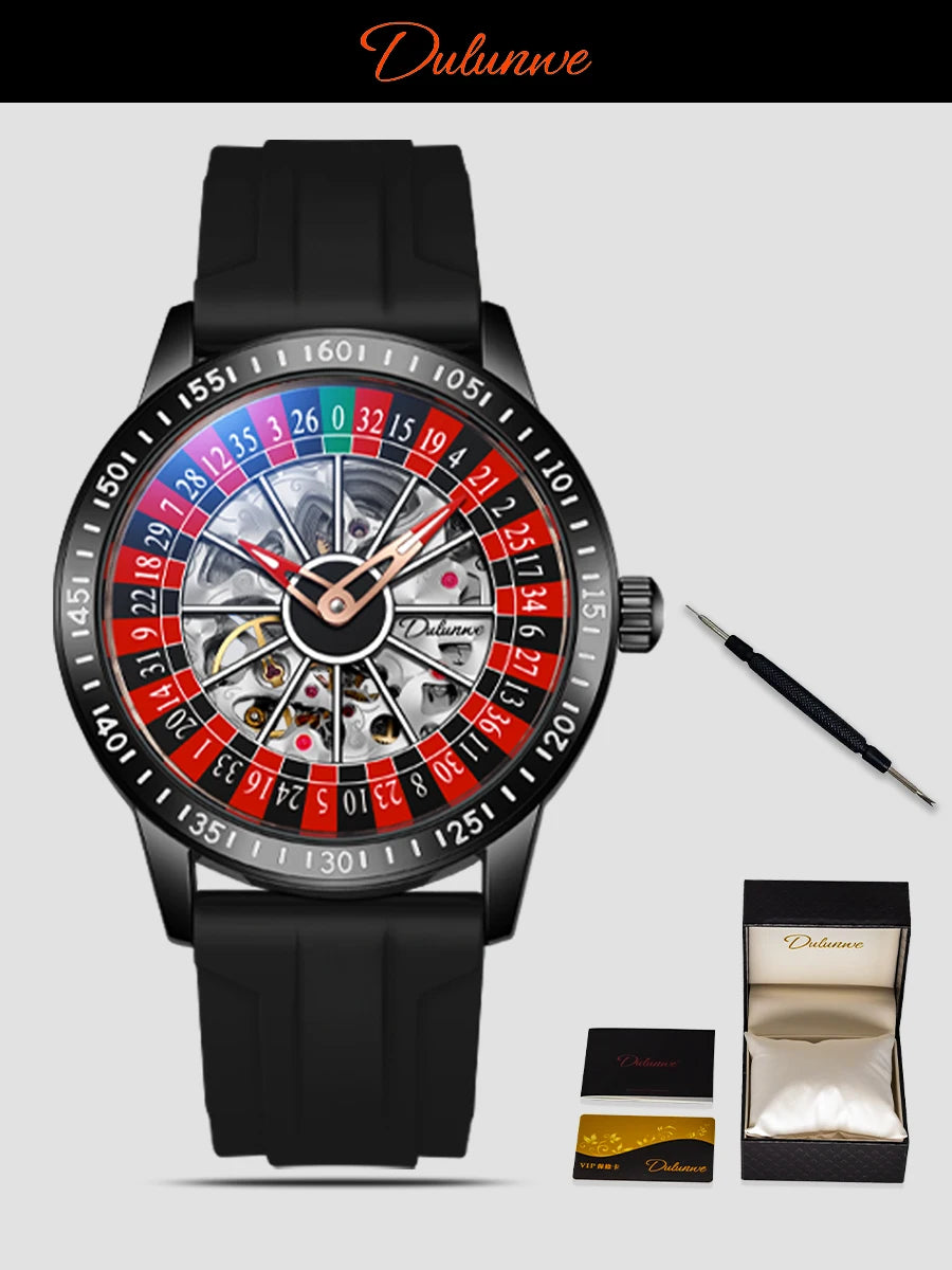 DULUNWE Men's Automatic Watch Luxury Rotating Roulette Mechanical Skeleton 30M Waterproof