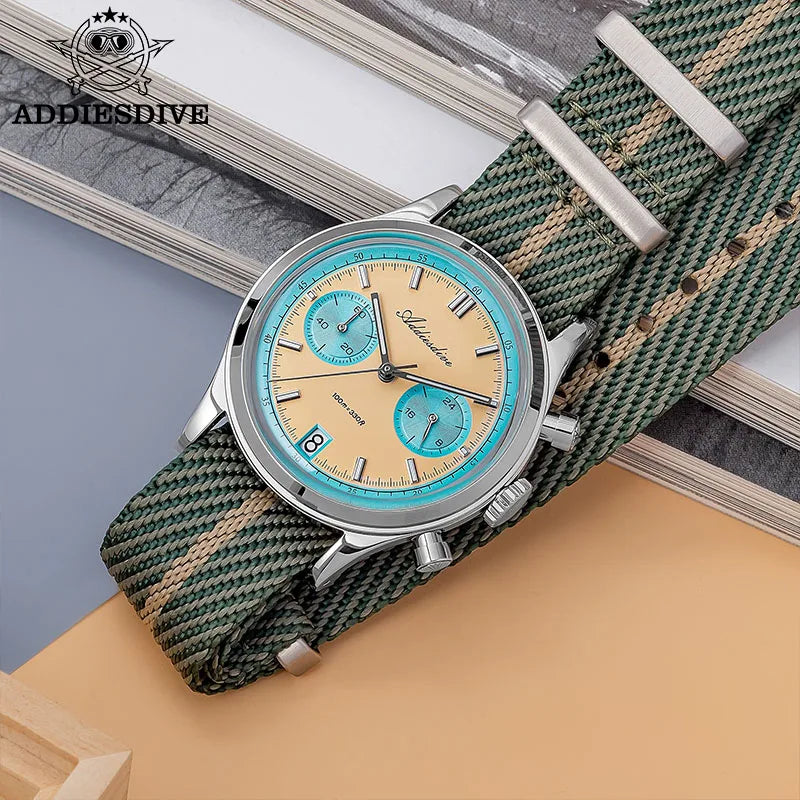 ADDIESDIVE TOP New Men Watch Bubble Mirror Glass 316L Stainless Steel BGW9 Luminous 100m Diving VK64 Quartz Chronograph Watch